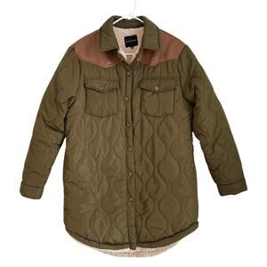 Dictionary Olive Sherpa-Lined Puffer Shacket w/ Faux Leather, Women’s Medium